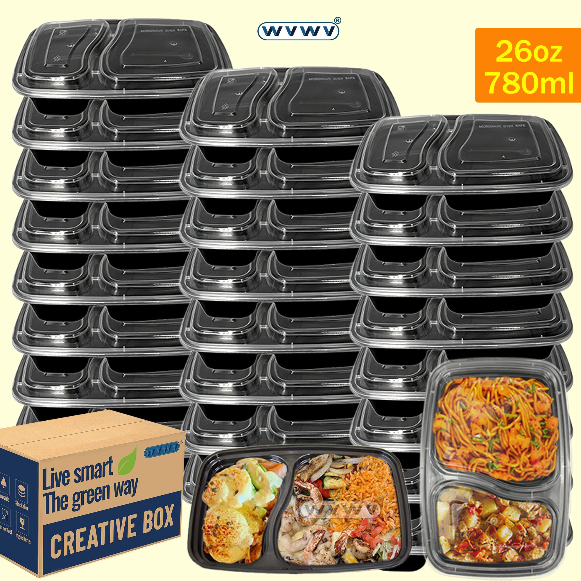 Food Packed Snacks - 10/40 Pack 26 oz Two-Compartment Food